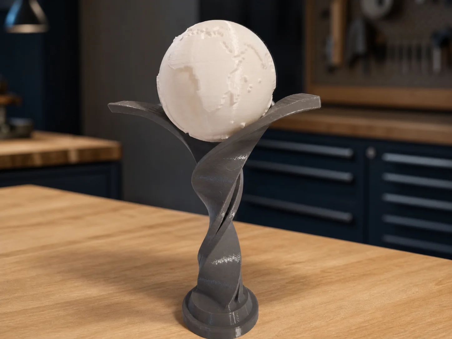 3D-printed globe trophy prototype displayed on a tidy workshop bench.