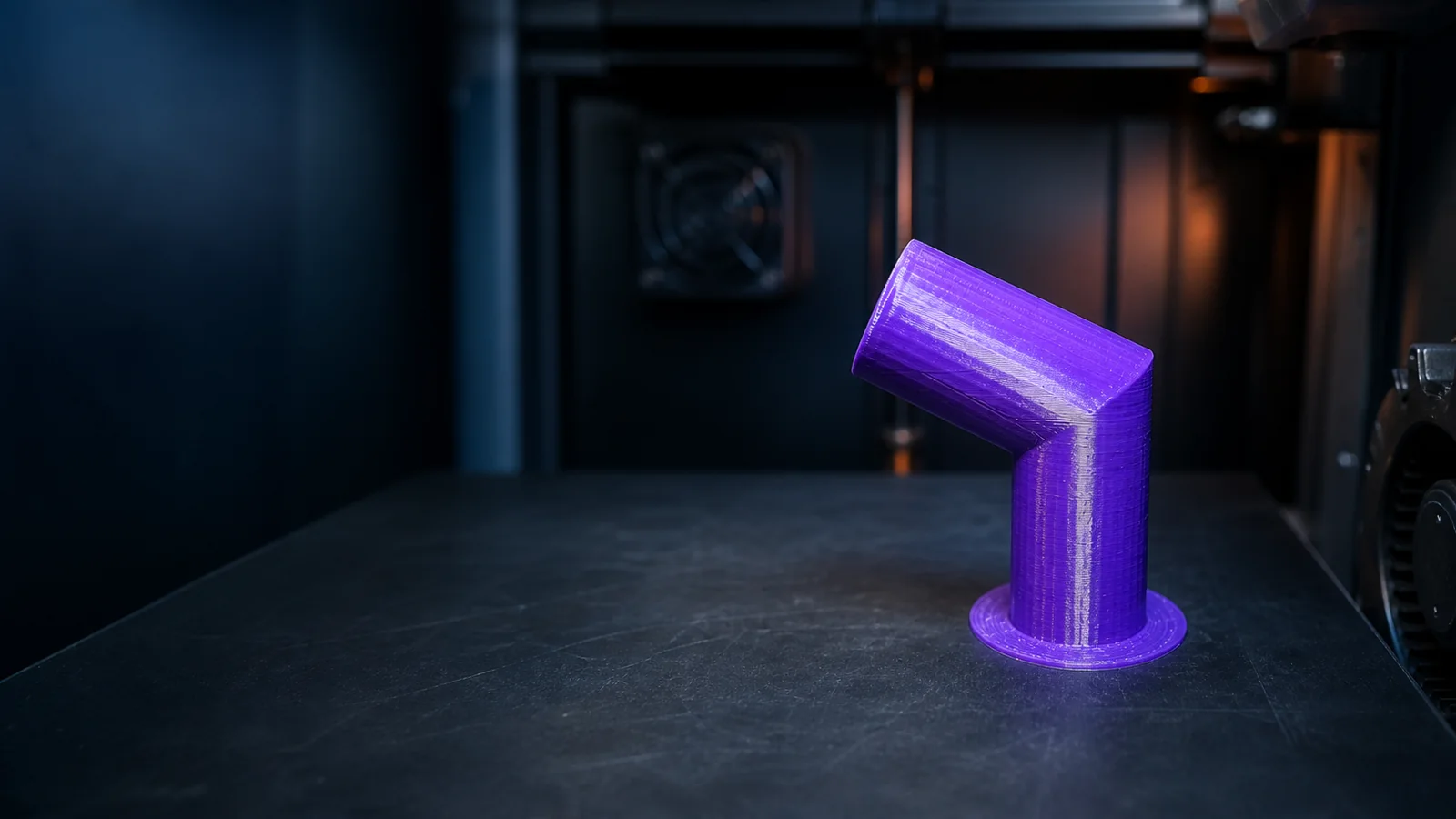 Purple 3D-printed angled pipe prototype standing on a 3D-printer build plate.