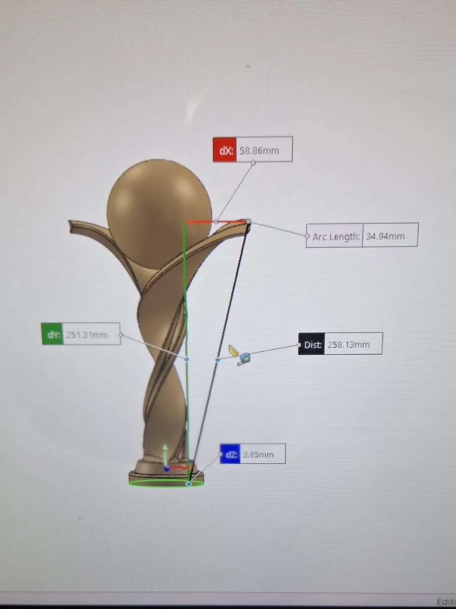 Enginova trophy CAD model with measurement callouts shown during the design process.