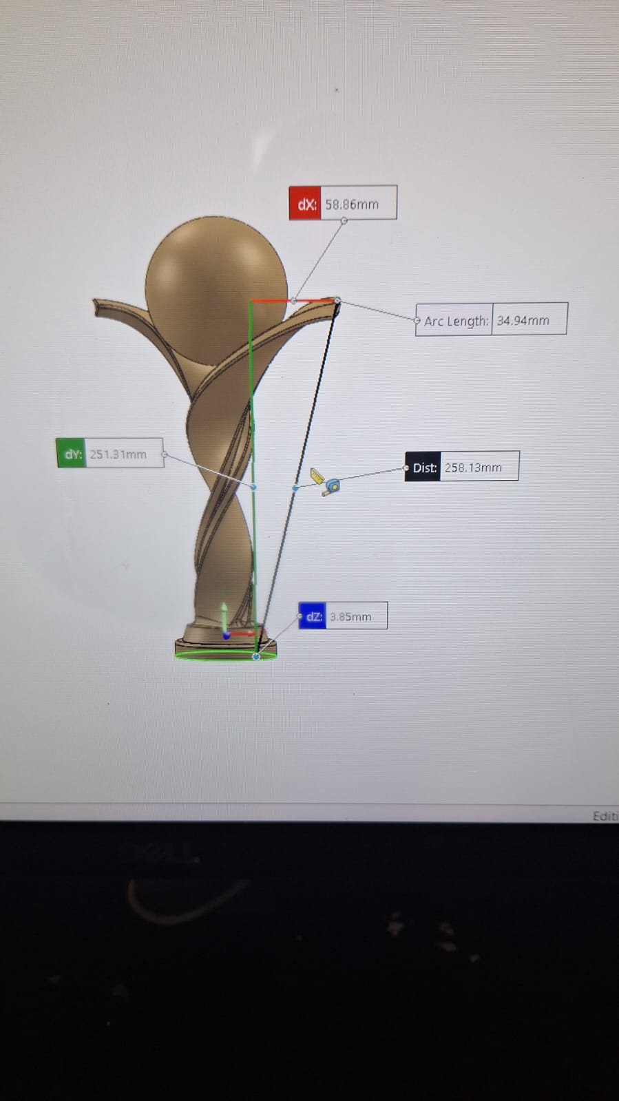 Enginova trophy CAD model with measurement callouts shown during the design process.